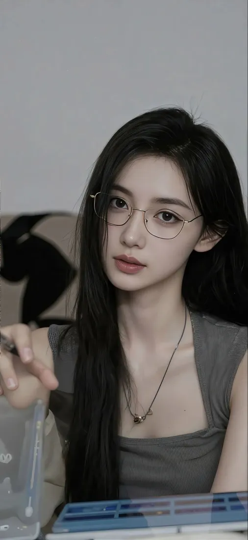 眼镜美女手机壁纸｜简约背景 - Ios 长发美女「哲风壁纸」