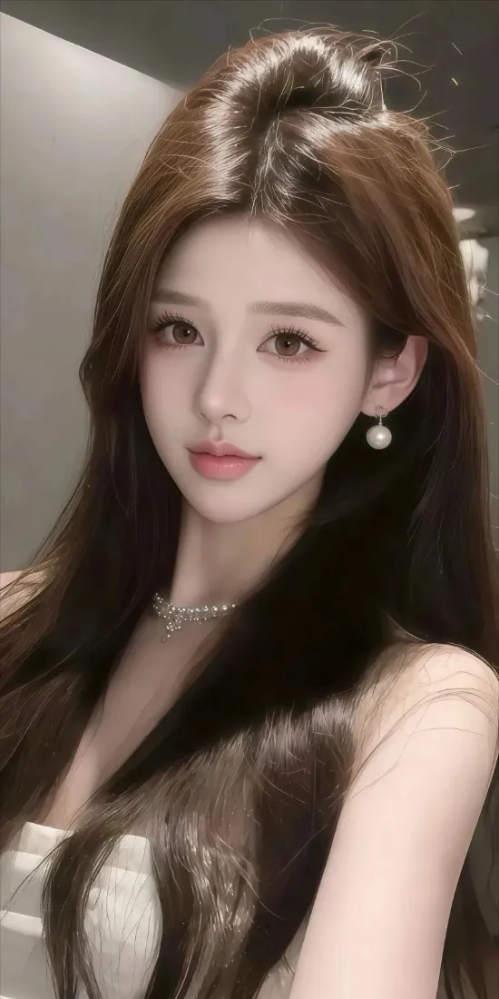 长发美女手机壁纸｜灰调背景图片 - 浅色服饰「哲风壁纸」