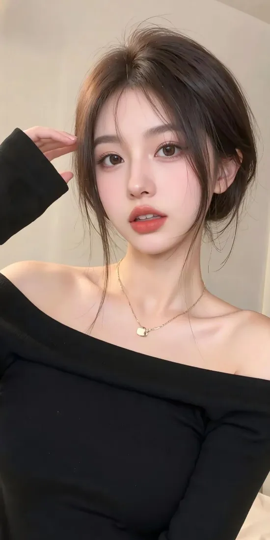 黑衣美女手机壁纸｜Ios背景 - 红唇项链盘发「哲风壁纸」