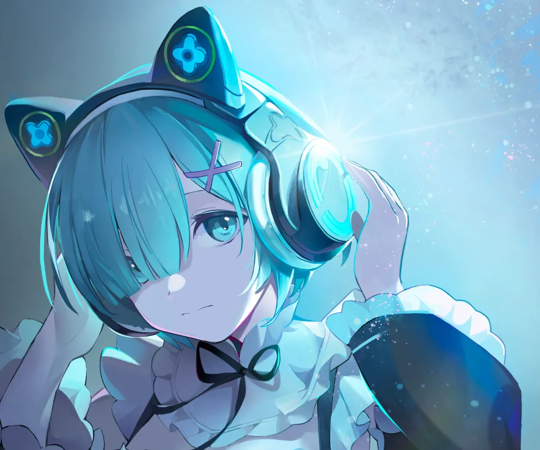 3k蕾姆壁纸｜蓝调背景图片 - 猫耳耳机女仆装「哲风壁纸」