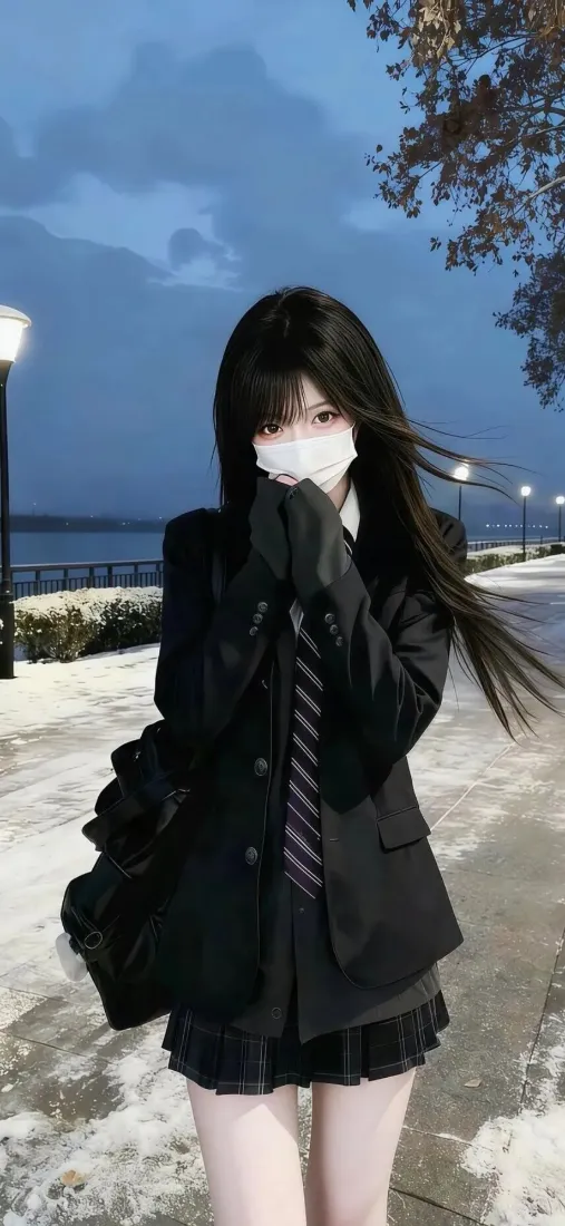 黑衣美女手机壁纸｜雪景背景图 - 冬季校服街道「哲风壁纸」