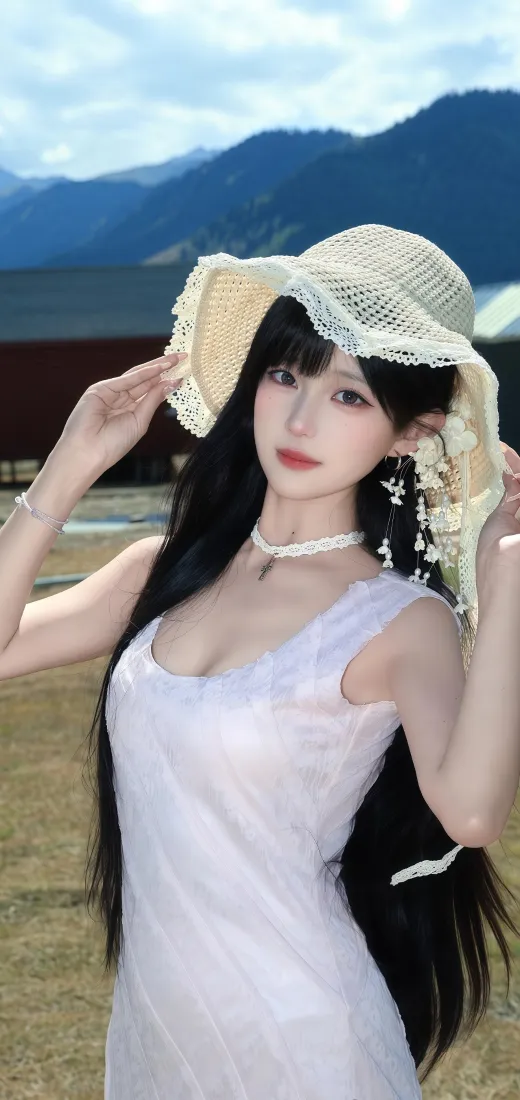 白衣美女手机壁纸｜自然风景背景 - 蓝天草地山「哲风壁纸」