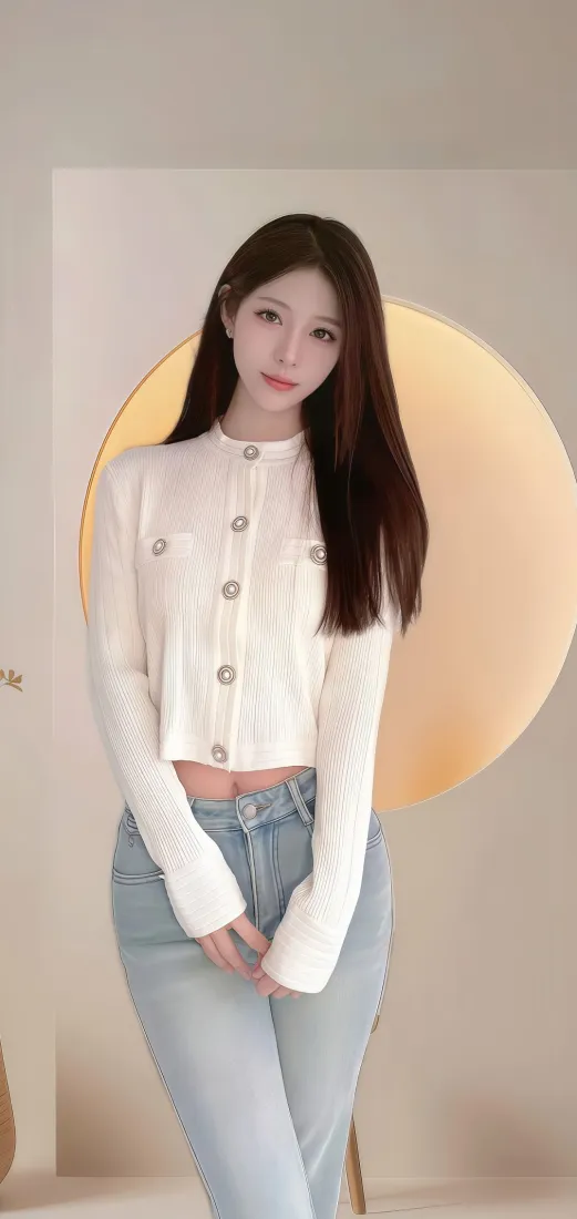 美女手机壁纸｜暖黄背景图片 - 白色上衣牛仔裤「哲风壁纸」