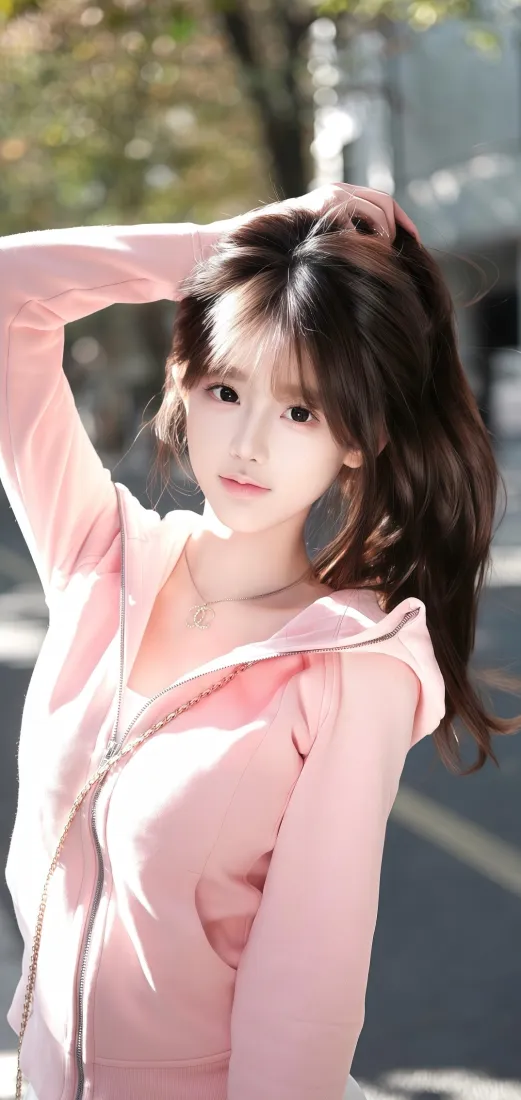 粉色连帽衫美女手机壁纸｜户外街道背景 - 阳光清新「哲风壁纸」