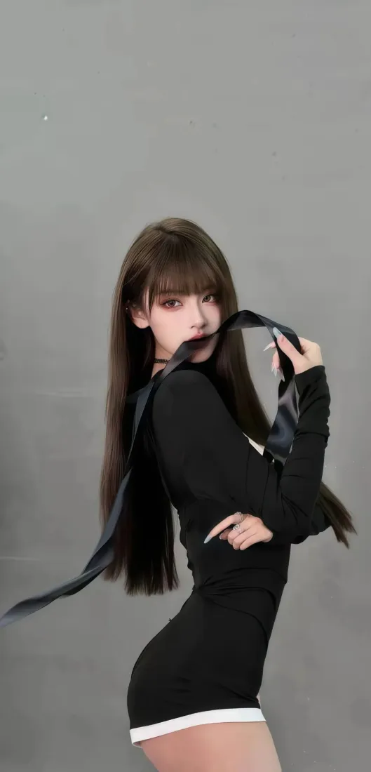 美女手机壁纸｜灰色背景图片 - 黑色短裙长发丝带「哲风壁纸」