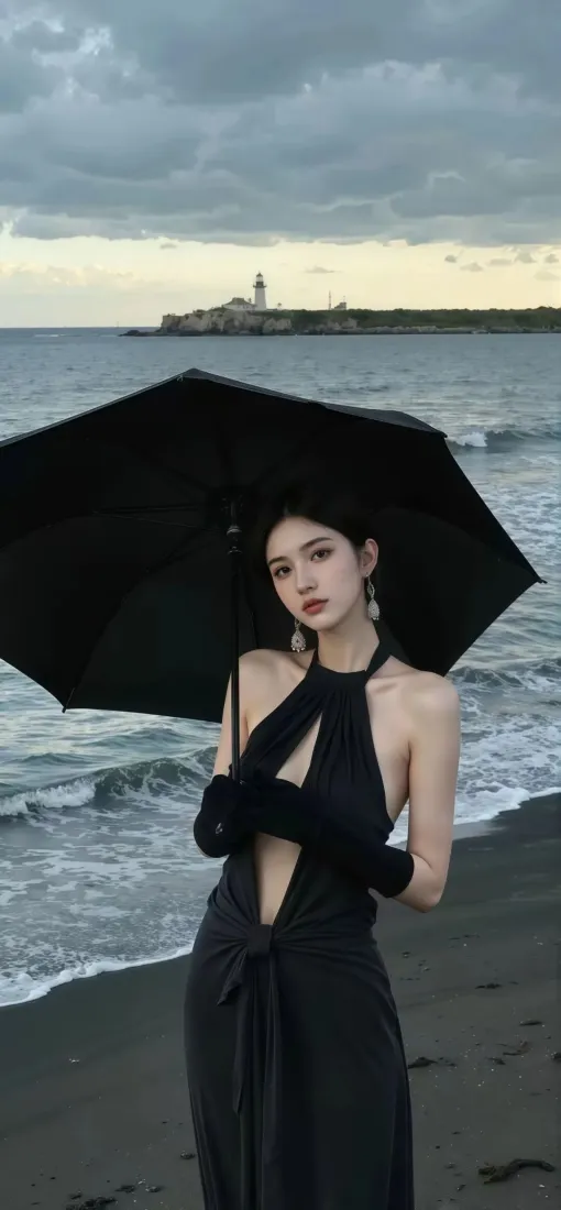 黑衣美女手机壁纸｜海边背景图片 - 黑伞沙滩海景「哲风壁纸」