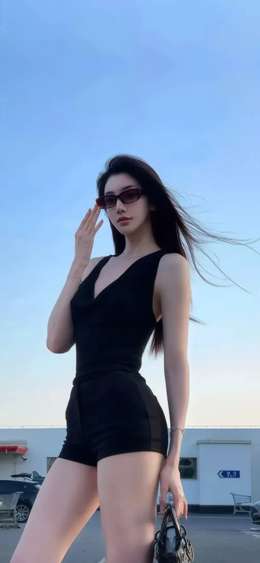 黑衣美女手机壁纸｜户外蓝天背景 - 时尚穿搭「哲风壁纸」