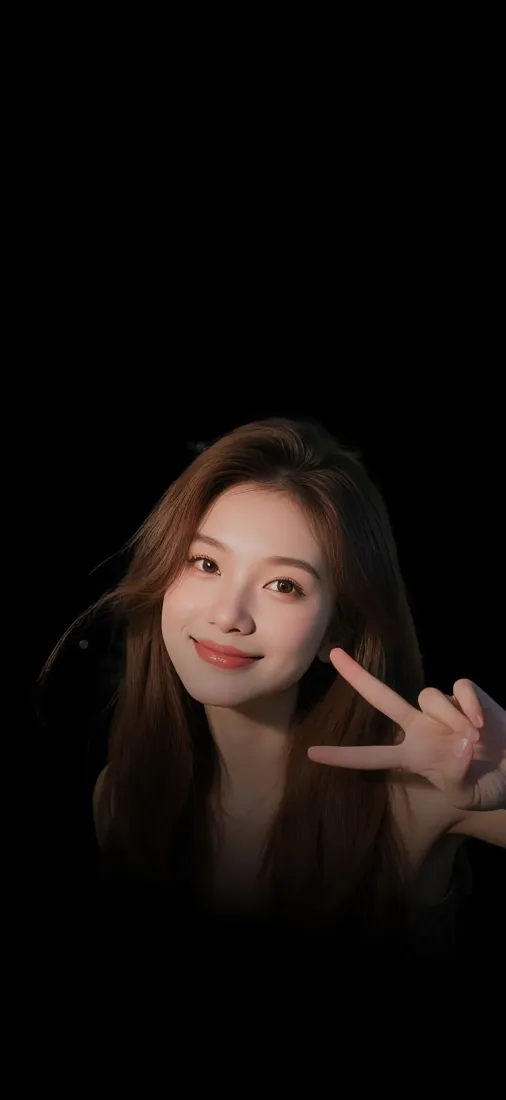 美女手机壁纸｜黑色背景图片 - 长发比耶微笑「哲风壁纸」