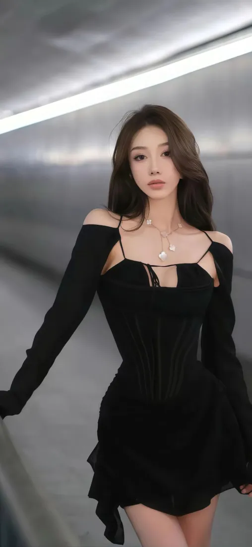 黑衣美女手机壁纸｜隧道背景图片 - 时尚「哲风壁纸」