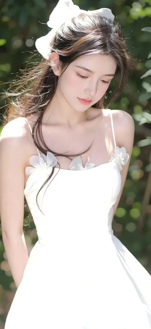 白衣美女手机壁纸｜绿植背景图片 - Ios 森系清新「哲风壁纸」