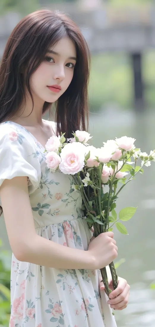 捧花美女手机壁纸｜碎花裙背景图片 - 户外自然清新「哲风壁纸」