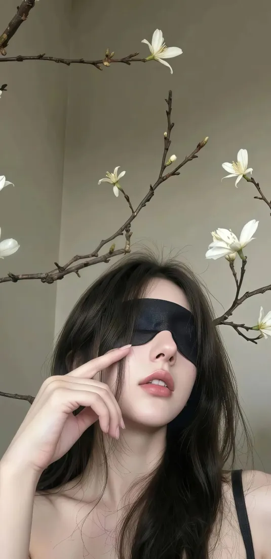 美女眼罩吊带手机壁纸｜白花树枝背景 - 暗黑长发红唇「哲风壁纸」