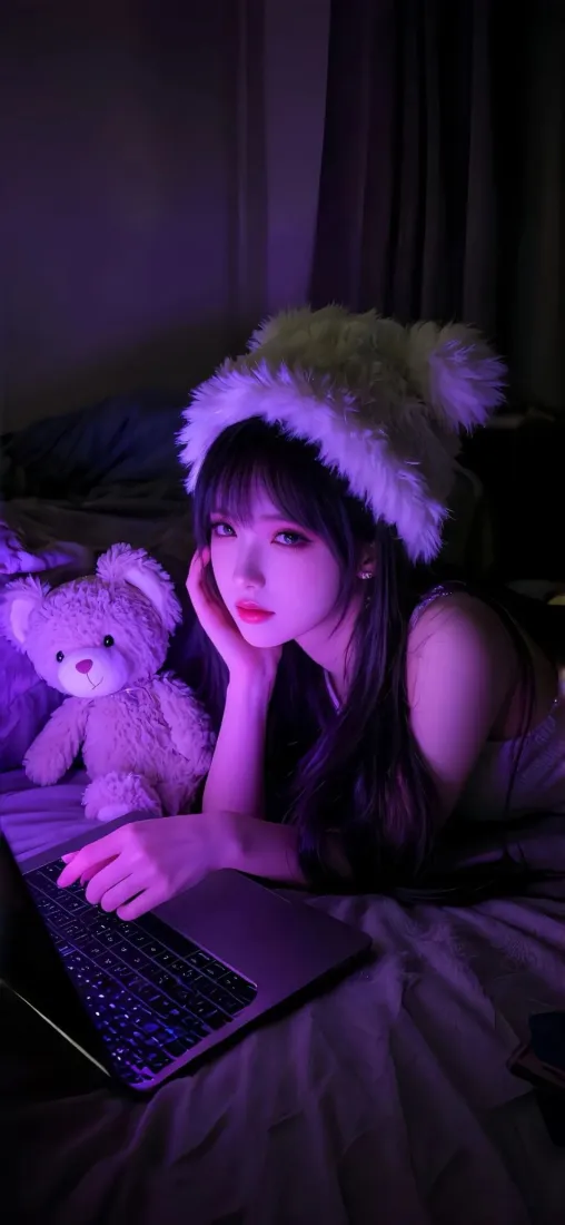 女孩毛绒帽手机壁纸｜紫光灯背景图片 - 居家可爱泰迪熊「哲风壁纸」