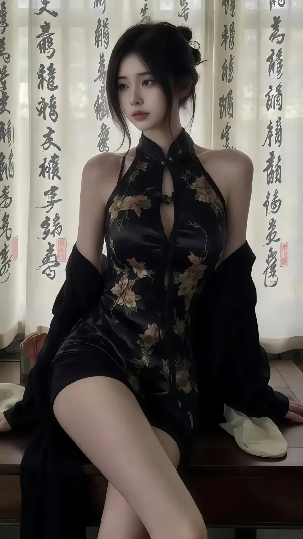 旗袍美女手机壁纸｜古风背景图片 - 黑色旗袍「哲风壁纸」