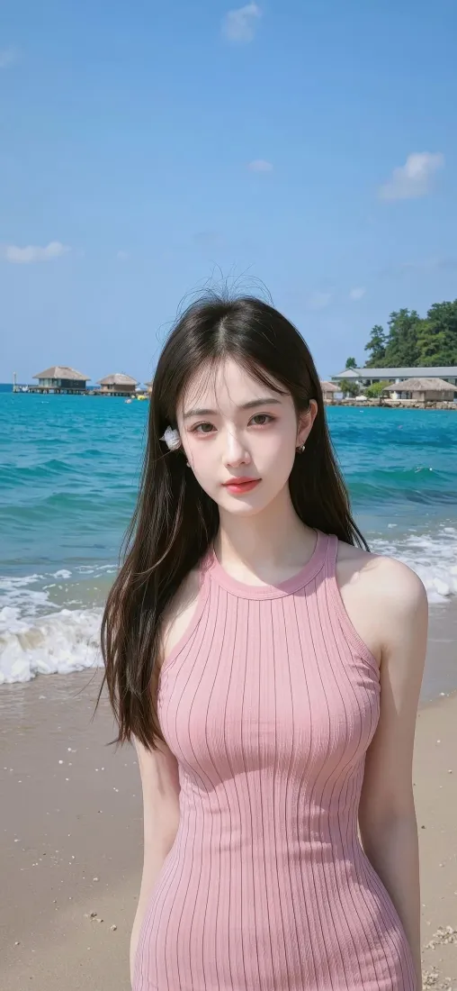 美女手机壁纸｜海边背景图片 - 粉色连衣裙「哲风壁纸」