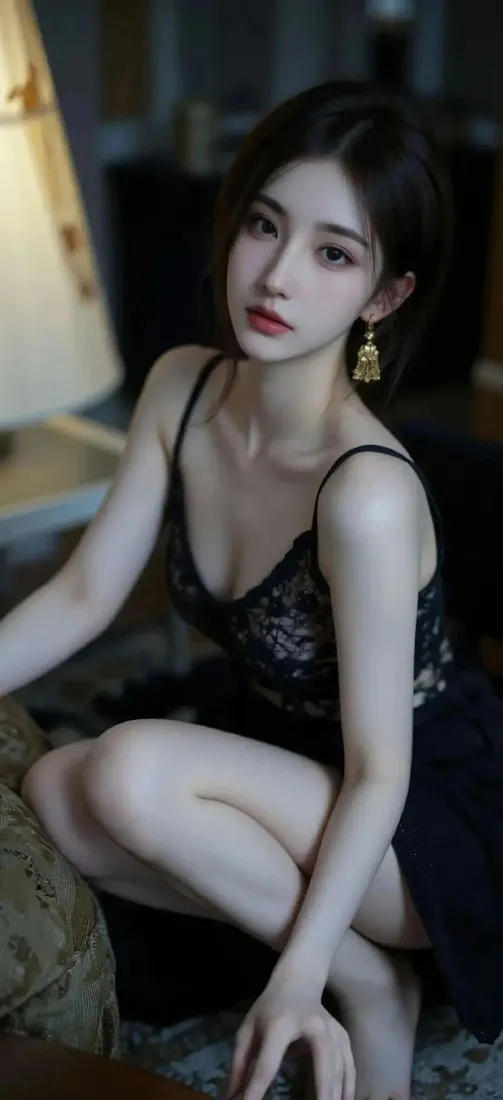 黑色吊带裙美女手机壁纸｜暗调背景图片 - 红唇迷人「哲风壁纸」