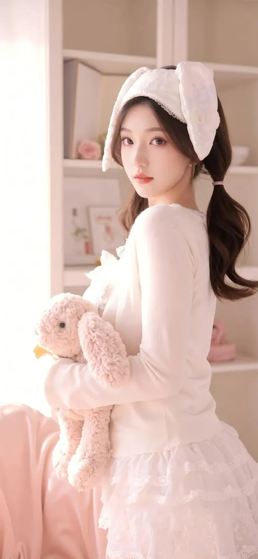 白衣美女手机壁纸｜室内背景图 - 粉色玩偶「哲风壁纸」
