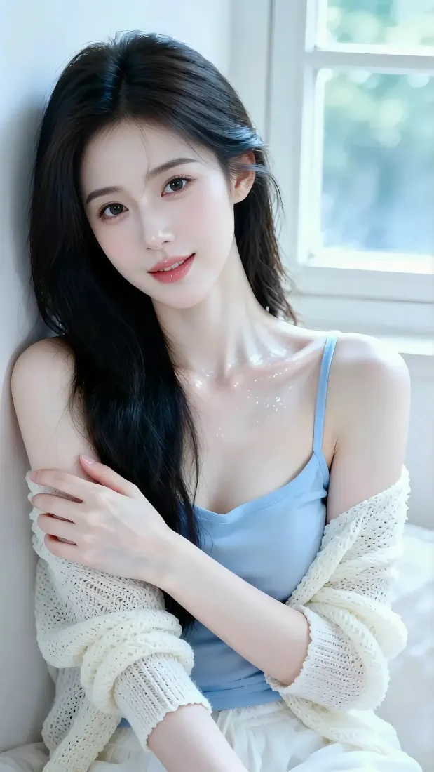 蓝衣美女手机壁纸｜窗边背景图片 - 清新居家写真「哲风壁纸」