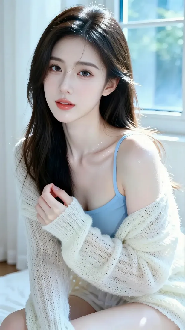 长发美女写真手机壁纸｜室内窗边背景 - 清新气质穿搭「哲风壁纸」