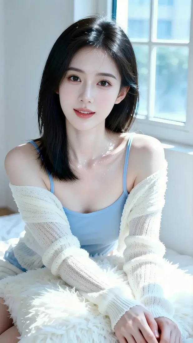 蓝衣美女手机壁纸｜室内背景图片 - 清新居家写真「哲风壁纸」