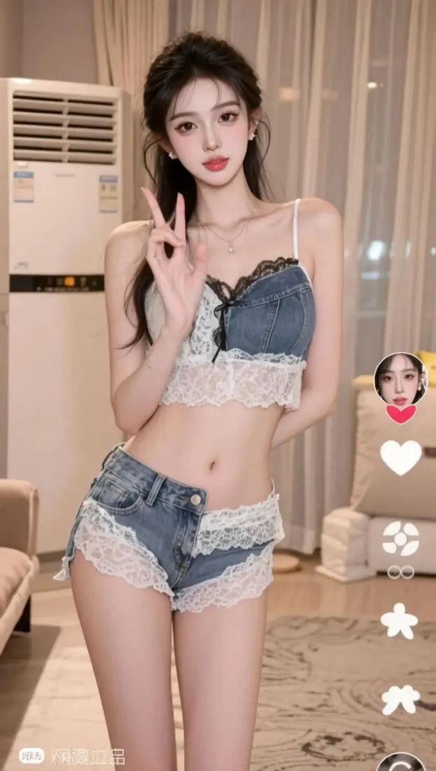 美女手机壁纸｜居家背景图片 - 牛仔吊带蕾丝短裤「哲风壁纸」