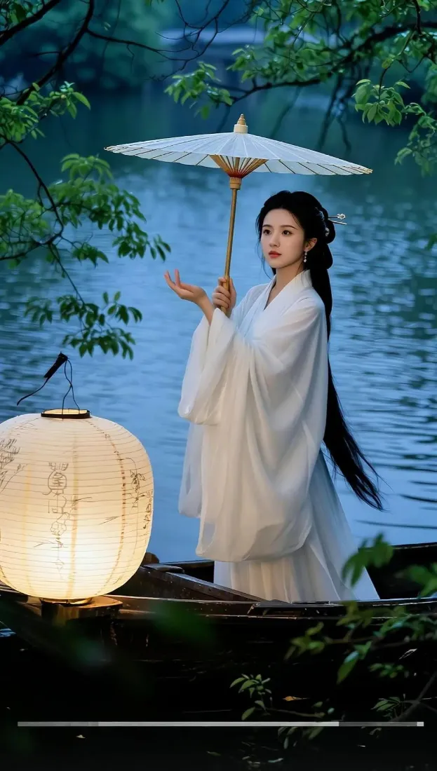 古装美女手机壁纸｜古风背景图片 - 白衣油纸伞湖水「哲风壁纸」