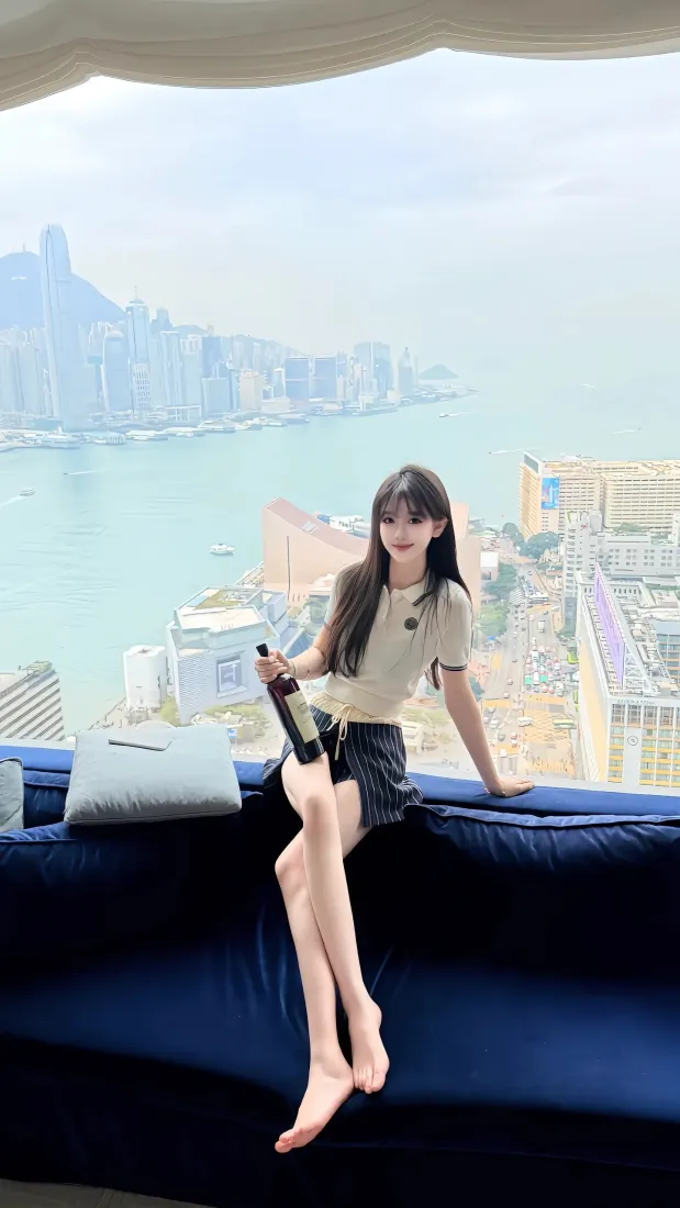 美女写真手机壁纸｜城市海景背景 - 室内沙发赤脚「哲风壁纸」