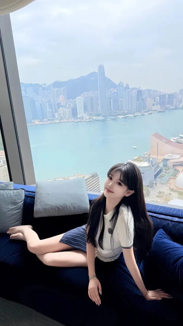 长发美女手机壁纸｜城市景观背景图片 - 蓝色沙发「哲风壁纸」