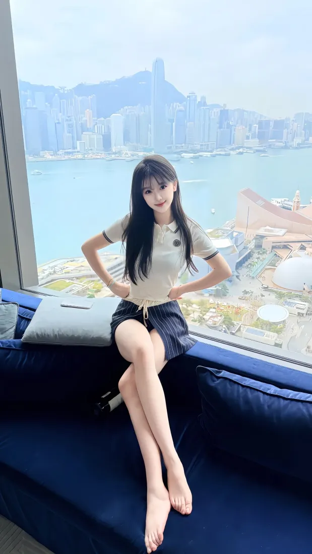 都市美女手机壁纸｜香港海景背景图片 - 蓝色沙发写真「哲风壁纸」