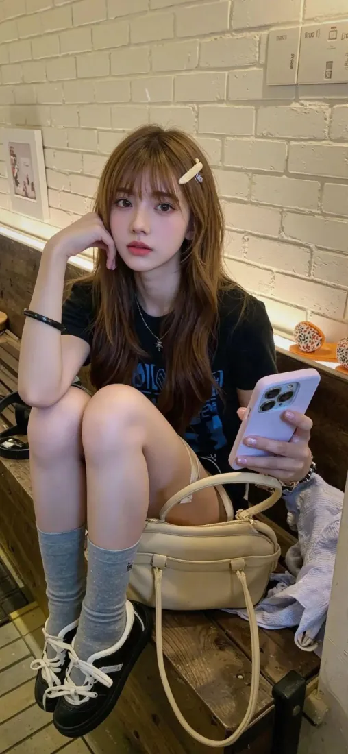 黑衣美女Ios手机壁纸｜砖墙背景图片 - 休闲时尚穿搭「哲风壁纸」