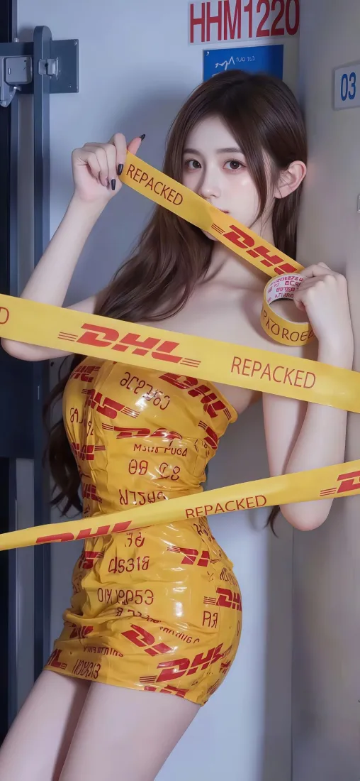 黄色DHL连衣裙美女手机壁纸｜室内背景图 - DHL胶带「哲风壁纸」