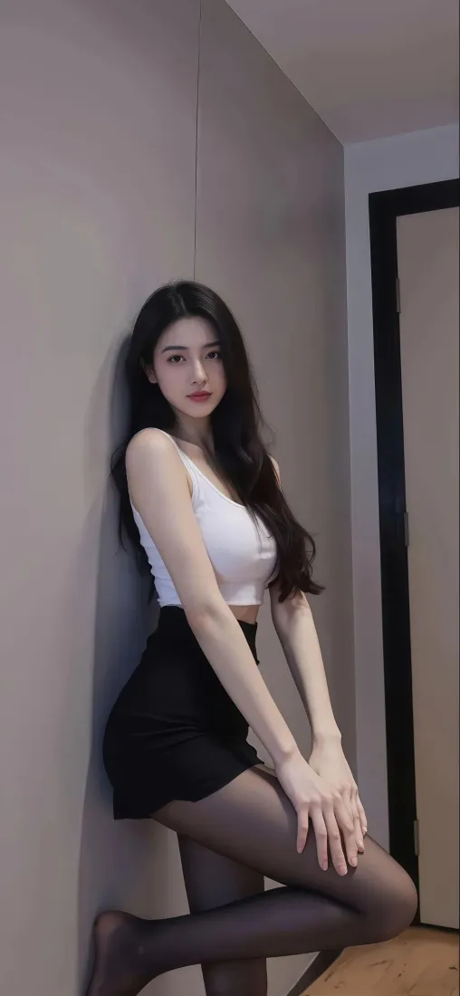 美女手机壁纸｜室内背景图片 - 白衣黑裙黑丝「哲风壁纸」