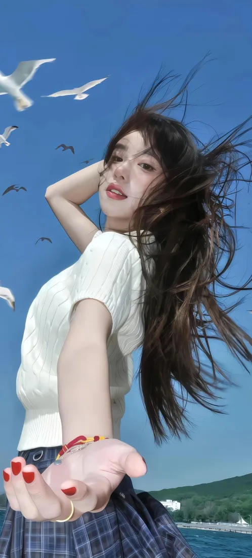 海边美女手机壁纸｜蓝天大海背景图片 - 海鸥「哲风壁纸」