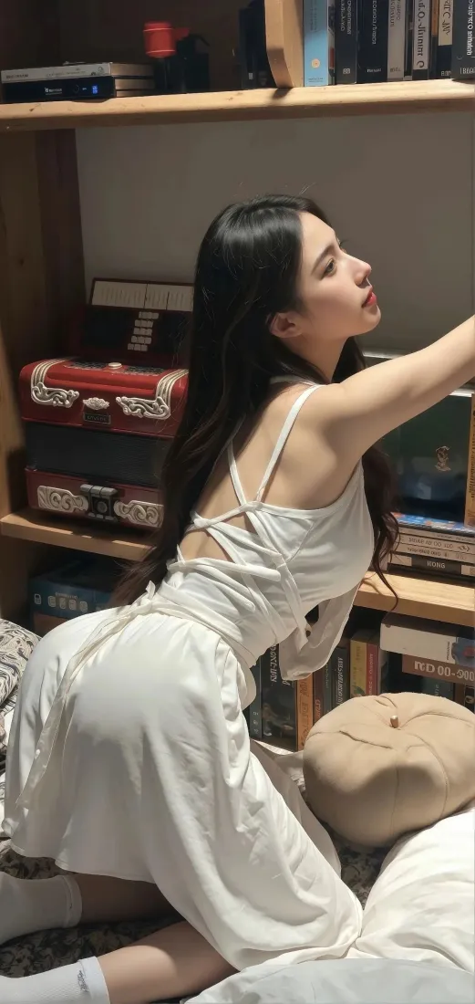 白衣美女手机壁纸｜居家背景图片 - 书架玩偶书籍「哲风壁纸」