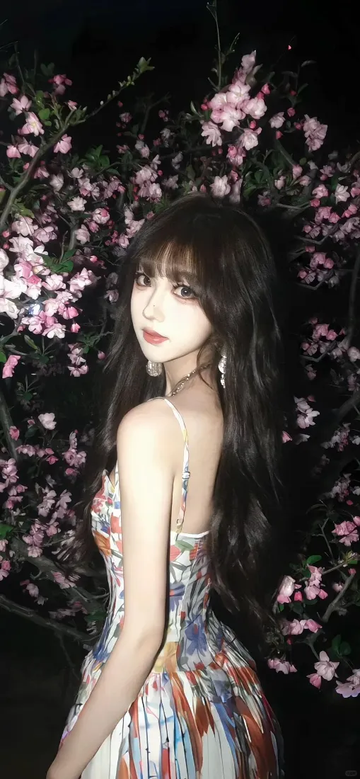 彩裙美女手机壁纸｜樱花夜景背景图片 - 迷人气质「哲风壁纸」