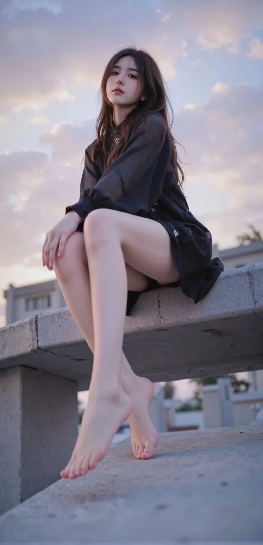 黑衣美女手机壁纸｜黄昏长椅背景图片 - 户外赤脚坐姿「哲风壁纸」
