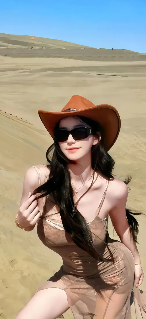 沙漠美女手机壁纸｜沙漠背景图片 - 牛仔帽墨镜「哲风壁纸」