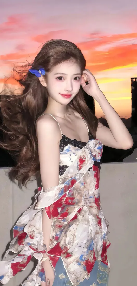 花裙美女手机壁纸｜晚霞背景图 - 户外迷人「哲风壁纸」