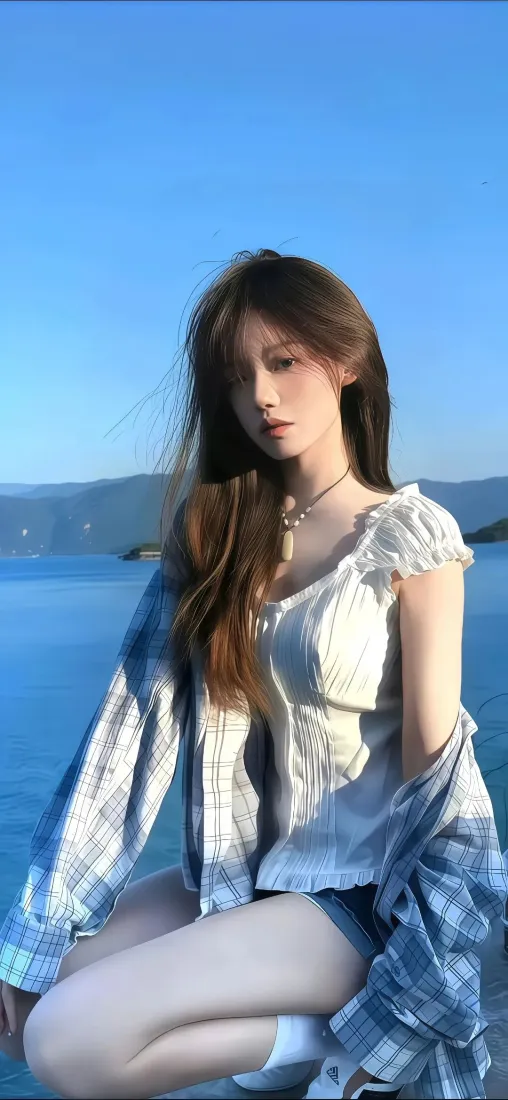 户外美女手机壁纸｜蓝天湖水背景 - 清新穿搭「哲风壁纸」