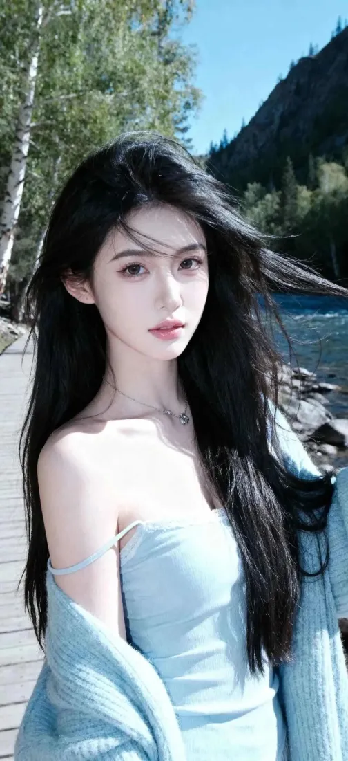 蓝衣美女手机壁纸｜自然风景背景图 - 户外「哲风壁纸」