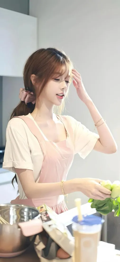 美女厨房手机壁纸｜居家背景图片 - 粉色围裙「哲风壁纸」