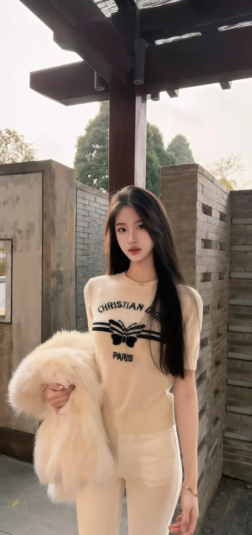 长发美女手机壁纸｜中式建筑背景 - 米色套装毛绒外套「哲风壁纸」