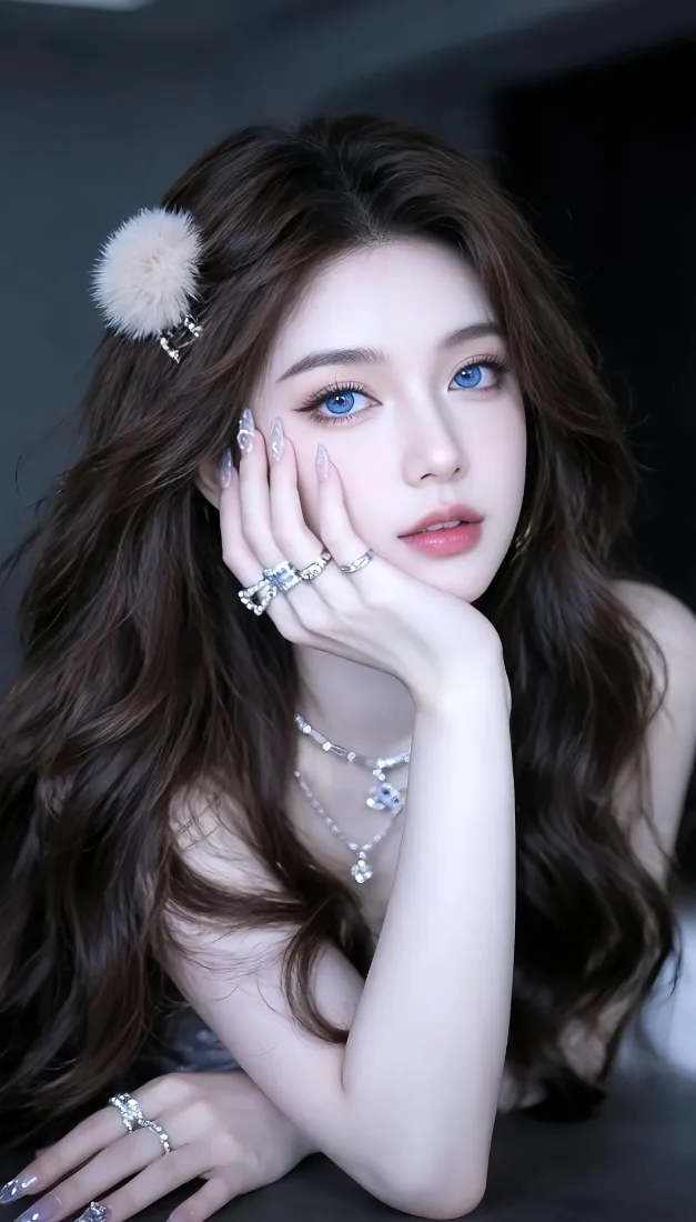 卷发美女手机壁纸｜暗色背景图片 - 毛球发饰「哲风壁纸」