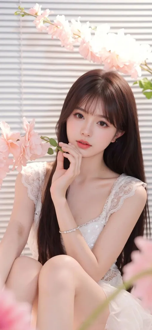 白衣美女手机壁纸｜粉色花朵背景图片 - 清新Ios「哲风壁纸」