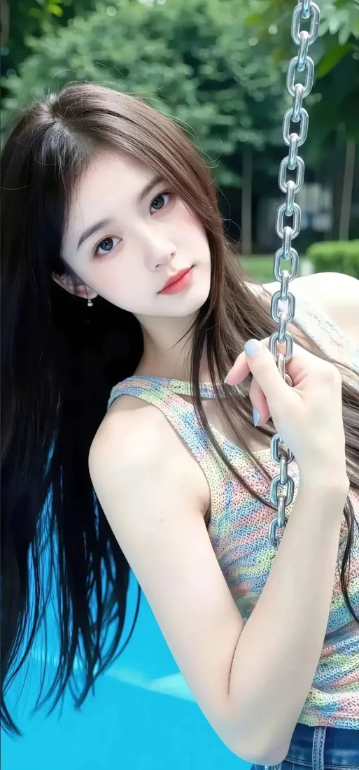 长发美女手机壁纸｜蓝色泳池背景图片 - 秋千「哲风壁纸」