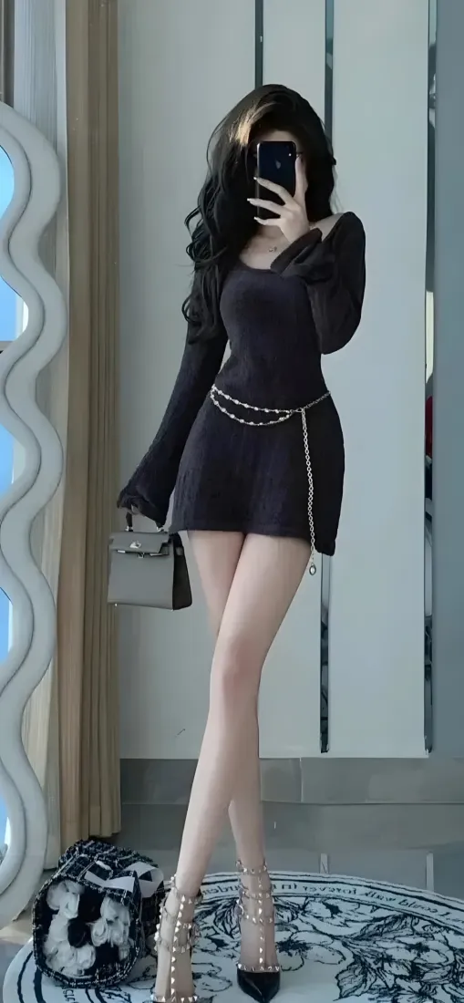 黑衣美女手机壁纸｜室内背景图片 - 时尚穿搭「哲风壁纸」