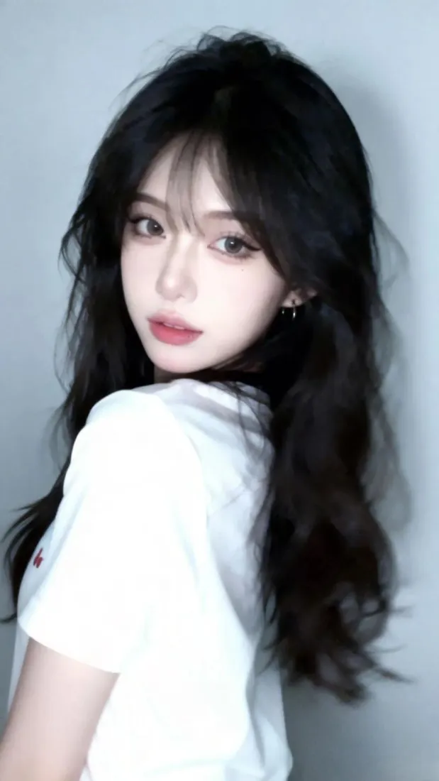 黑发美女手机壁纸｜灰色背景图片 - 白色T恤「哲风壁纸」