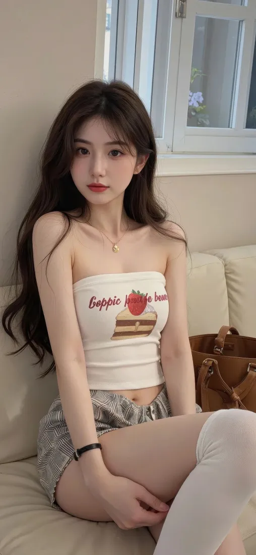 长发美女手机壁纸｜室内沙发背景图 - 白色长袜「哲风壁纸」