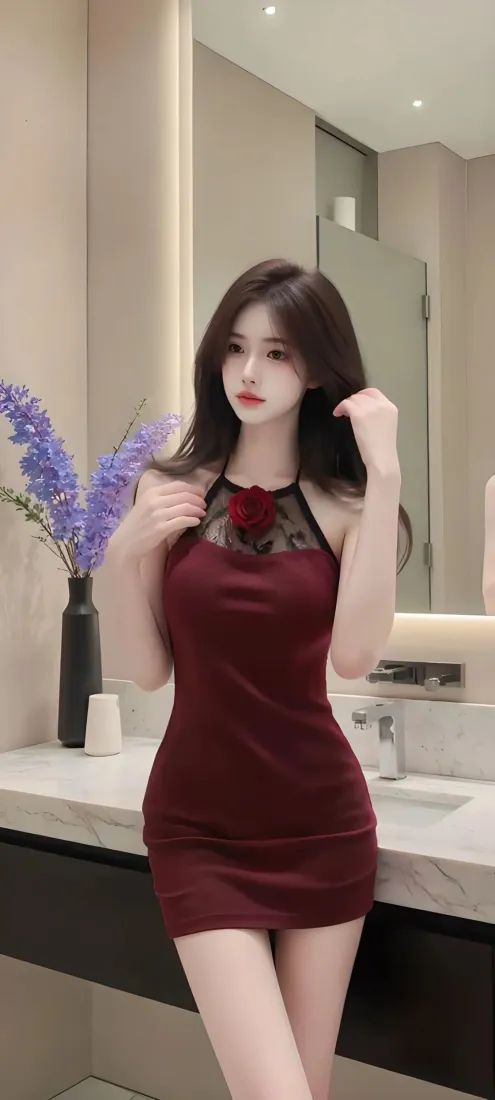 红衣美女手机壁纸｜浴室背景图片 - 紫色花「哲风壁纸」