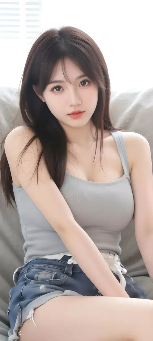 长发美女手机壁纸｜灰色沙发背景 - 牛仔短裤穿搭「哲风壁纸」